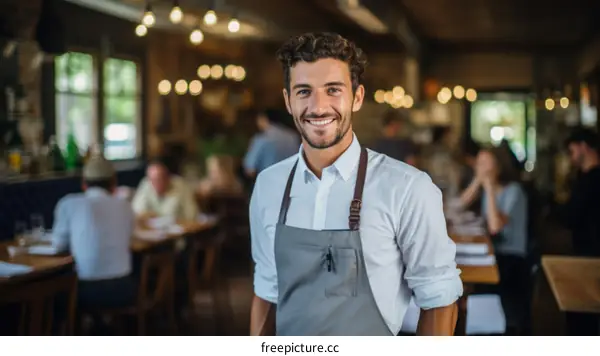 waiter in apron standing in restaurant
