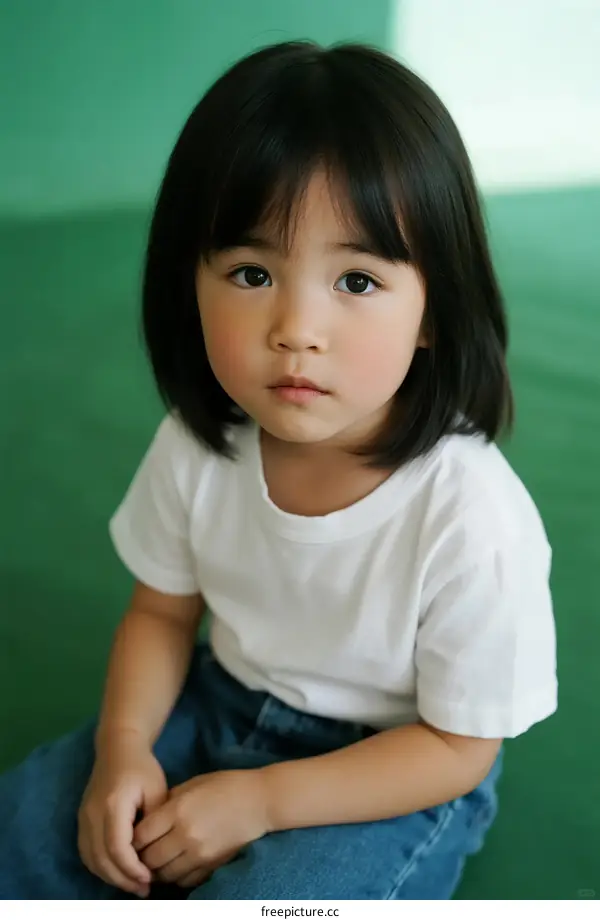 Little girl with straight black hair wearing white T-shirt and blue jeans