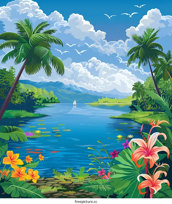 Tropical Lake Landscape with Palm Trees and Sailboat