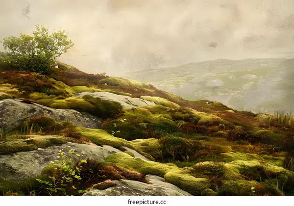 Green Mossy Rocks in a Landscape