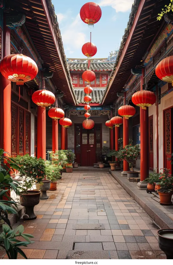 Traditional Chinese Courtyard Decorated with Red Lanterns and Plants