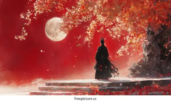 Silhouette Figure Under a Red Moonlit Tree