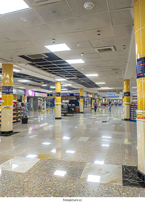 Empty Hallway with Polished Floor and Yellow Pillars
