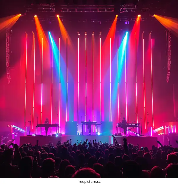 An electronic music group is performing on a stage in front of a large crowd.