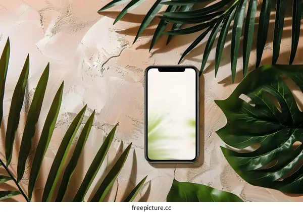 Flat Lay of Green Leaves and Smartphone with White Screen