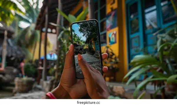 Hand Holding Phone Photographing Colorful Tropical Building