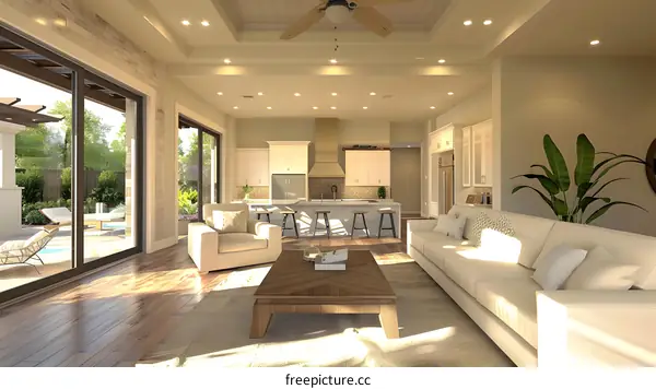 Modern Open Concept Living Room Design with Kitchen and Patio
