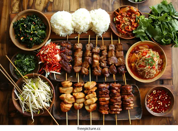 Delicious Asian Food With Skewers And Sides