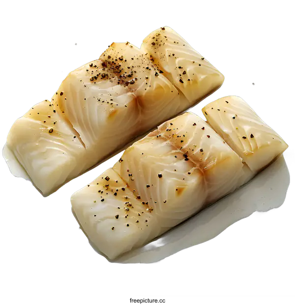 [Transparent Background PNG]Three pieces of raw white fish fillet with black pepper on a white background