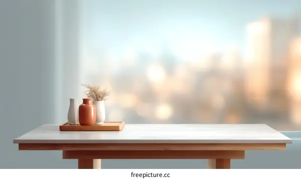 Empty Table with Decorative Vases and Plants