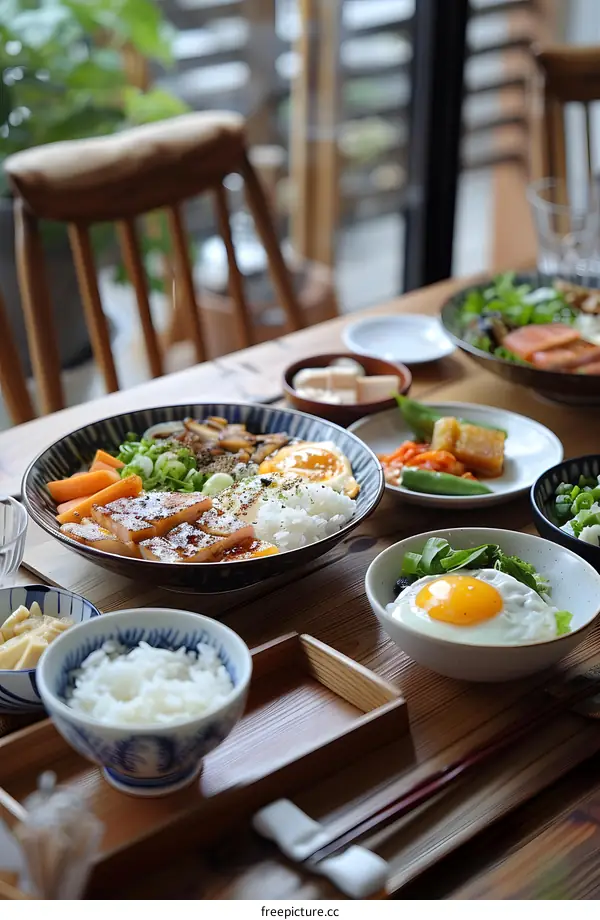 Japanese Food Table Setting with Fried Egg, Rice, and Pork