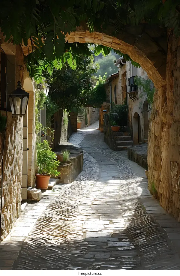 Cobblestone Street in a European Village