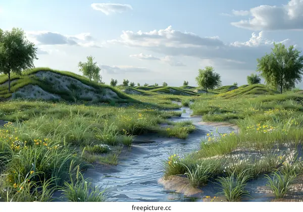 Serene River Meandering through Verdant Hills