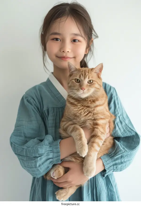 Little Asian girl holding an orange cat