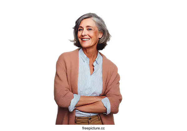 [Transparent Background PNG]A mature woman with gray hair and a smile standing with arms crossed