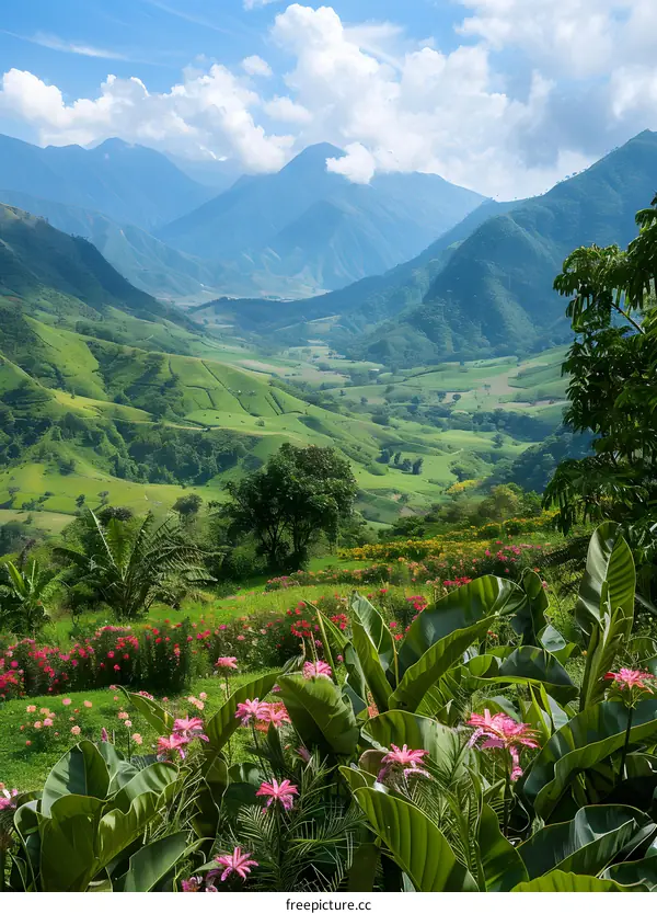 Scenery of green mountains and pink flowers