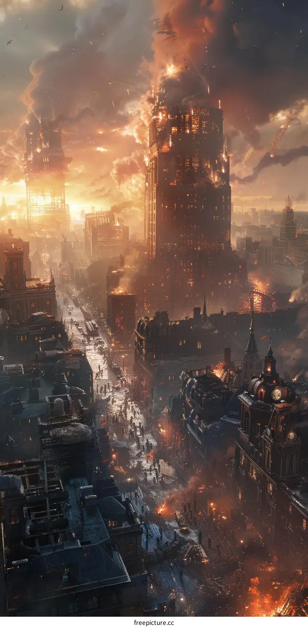 A large city is being destroyed by a raging fire