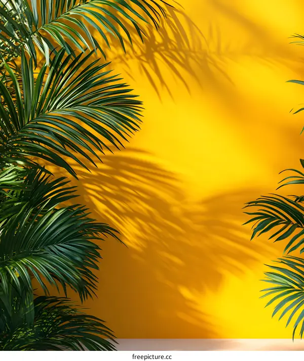 Tropical Leaves with Shadows on Yellow Wall Background
