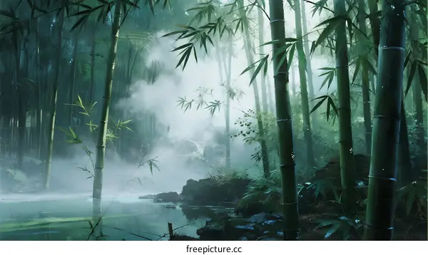 Misty Bamboo Forest with Tall Green Stems and Calm Water