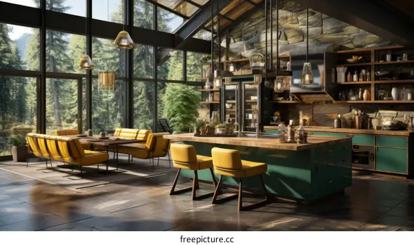 kitchen island wood cabinets forest house interior design