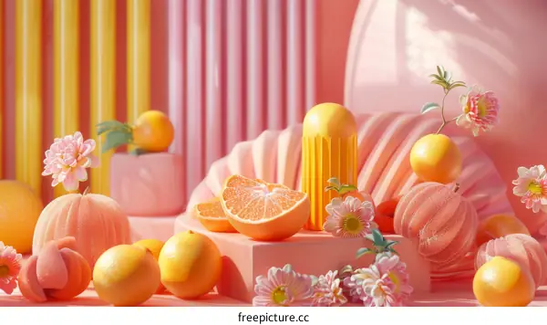 Pastel Pink and Yellow Still Life with Citrus Fruits