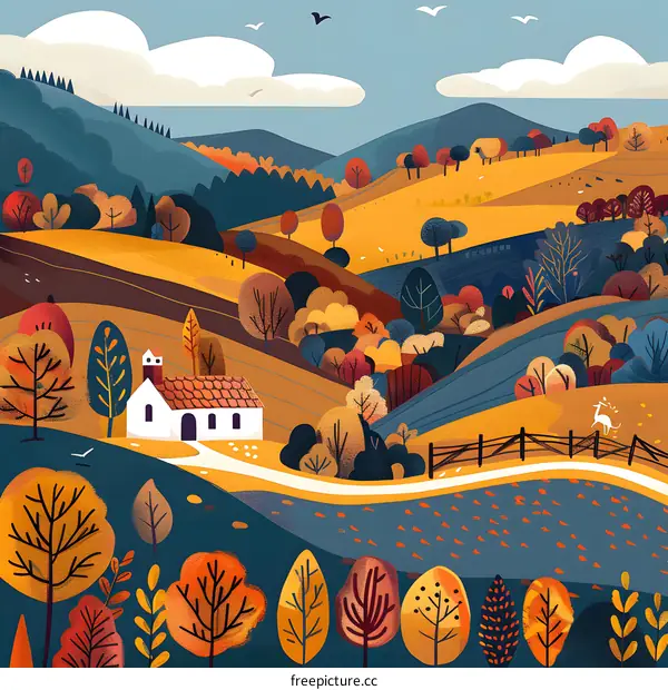 Autumn Landscape with House and Mountains