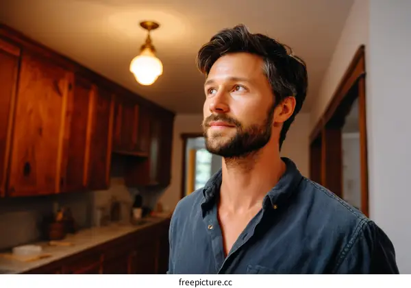 Caucasian Man Looking Upward in a Kitchen
