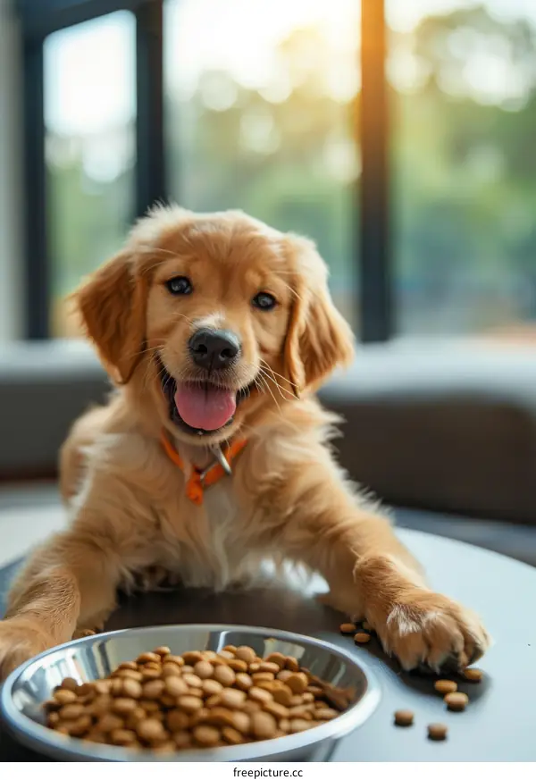 A cute golden retriever puppy sits in front of a bowl of food