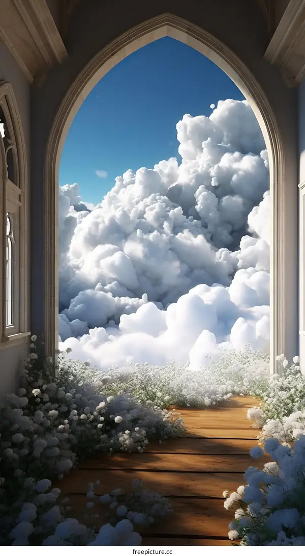 A Stone Archway With Plants, A Wooden Walkway Through It Frames A View Of Bright Clouds And Sky