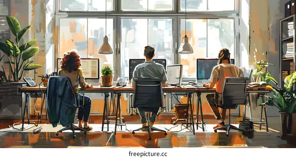 Three people working in an office