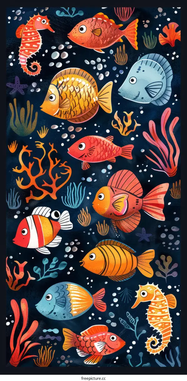 Vibrant Underwater Illustration of Diverse Fish and Marine Life
