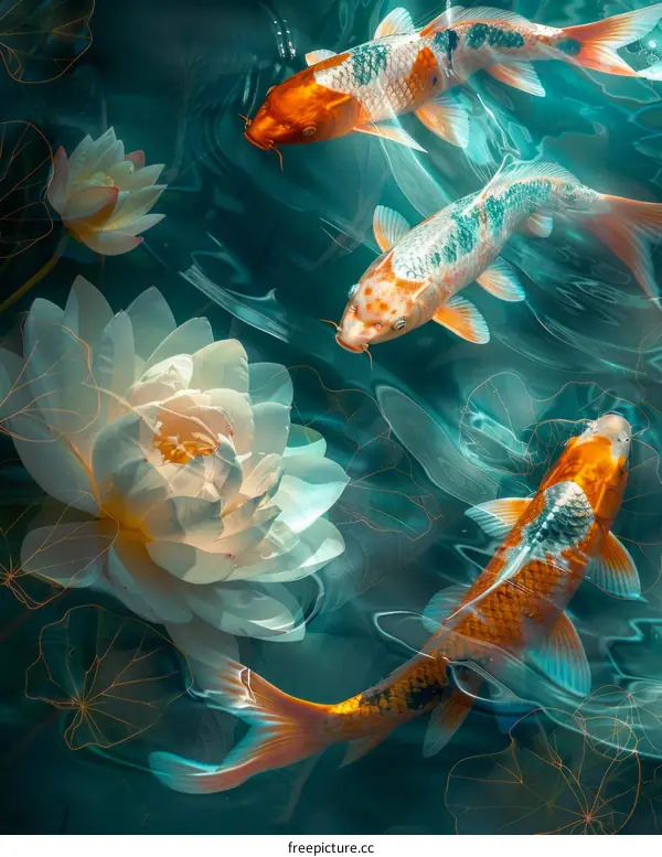 Graceful Koi Fish Swimming Amidst Water Lilies