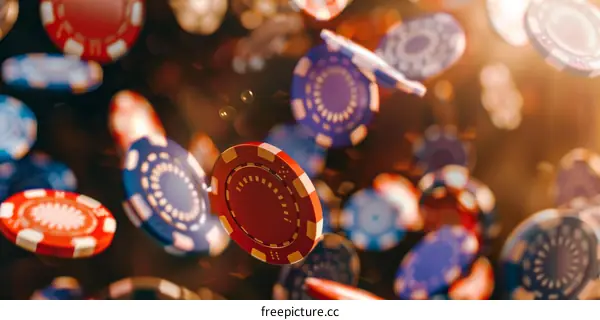 3D Rendered Casino Chips: Red, White, and Blue