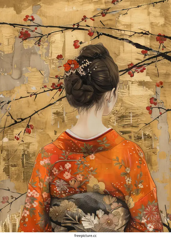 A woman wearing a kimono with a pattern of cherry blossoms stands in front of a gold leaf background.