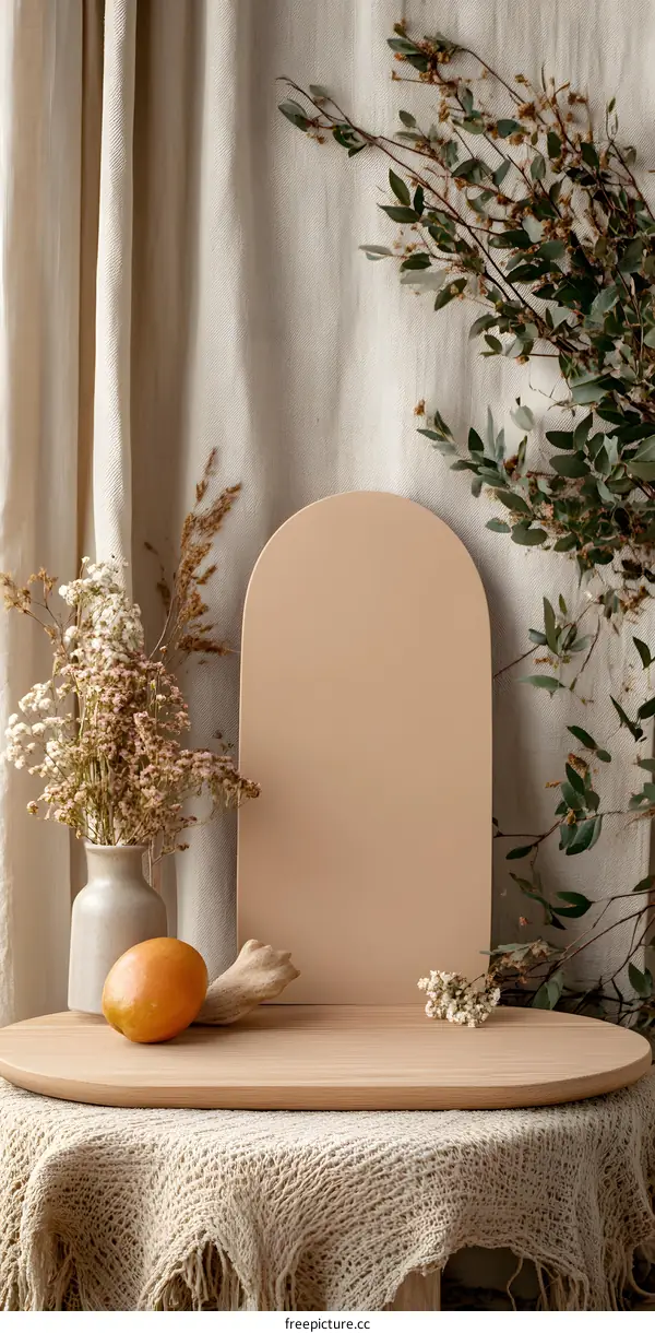Minimalist Aesthetic Mockup with Arch Shape and Wooden Table