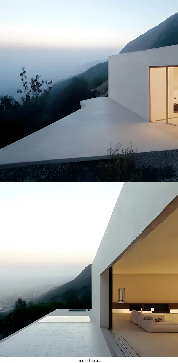 Modern Minimalist Architecture House Design With A Swimming Pool Overlooking Mountains And Cityscape
