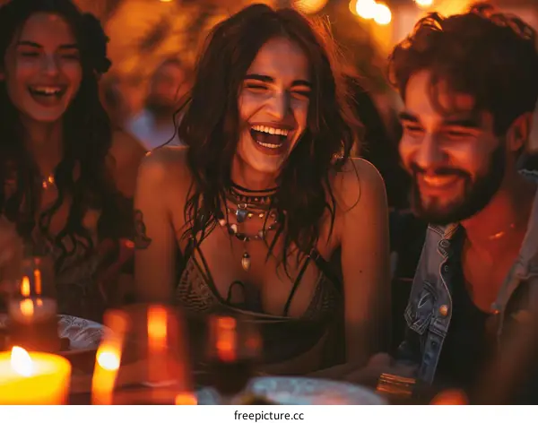 Laughing friends at a dinner party