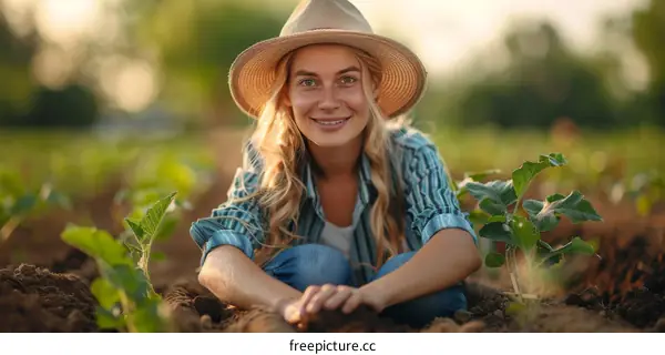 Young caucasian female farmer smiling while working in the field