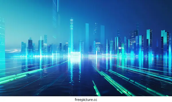Blue and green glowing futuristic city illustration