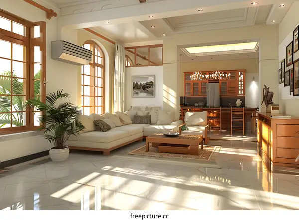 Modern living room interior design with open kitchen