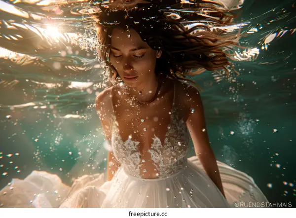 A woman in a white dress is swimming underwater with her eyes closed