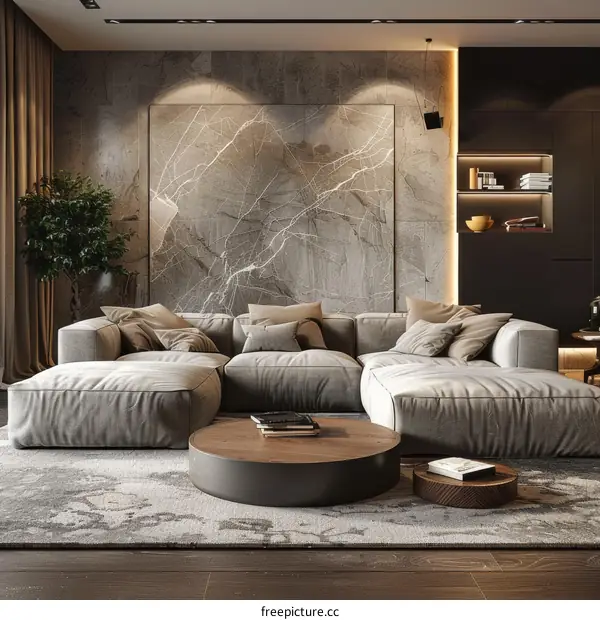 Modern Living Room Interior Design with Grey Sofa and Wooden Coffee Table