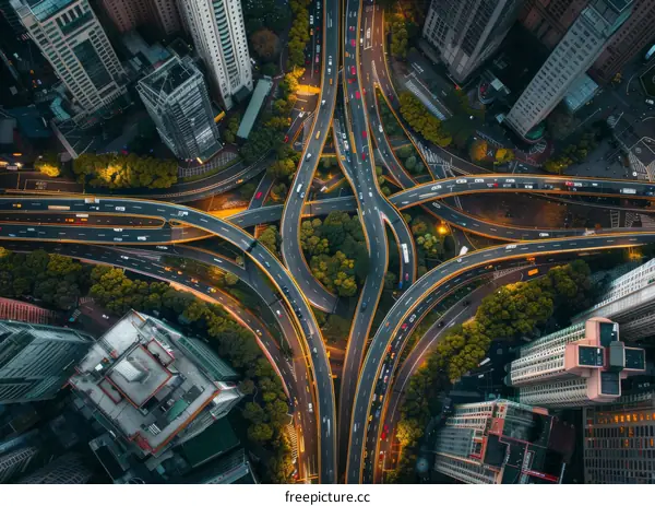 Aerial View of a Complex Urban Road Interchange with Skyscrapers