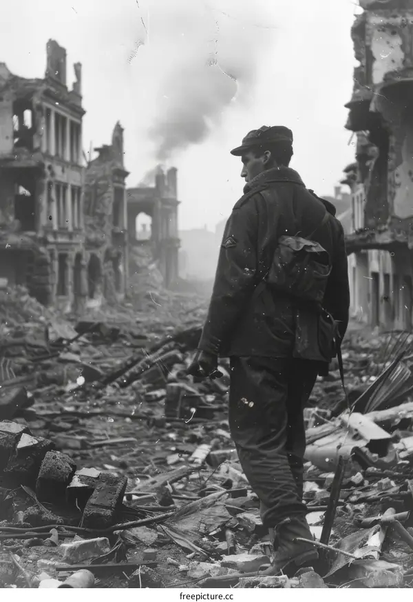 A soldier walking through a destroyed city during World War II