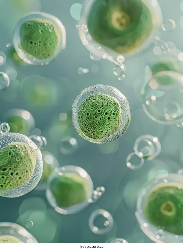 Green spherical cells floating in a blue liquid