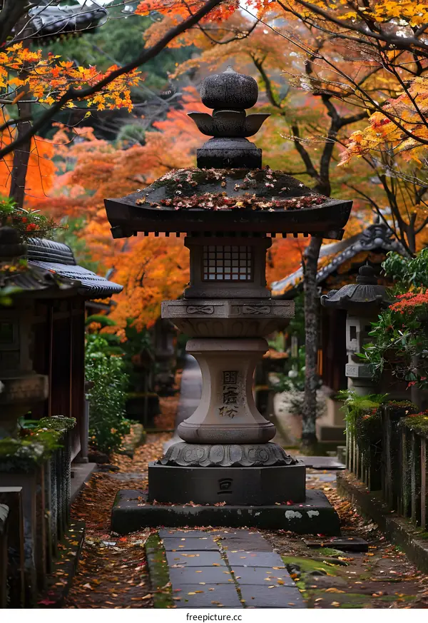 Stone Lantern in Autumn Garden