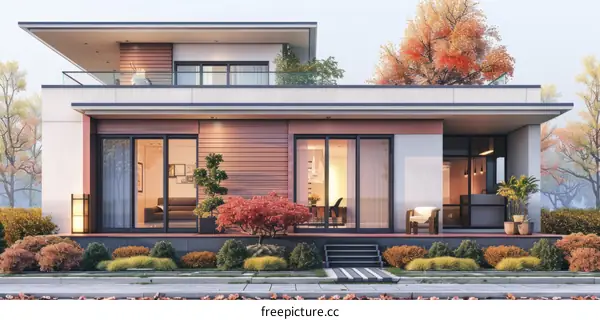 Modern house exterior with large glass windows and a flat roof