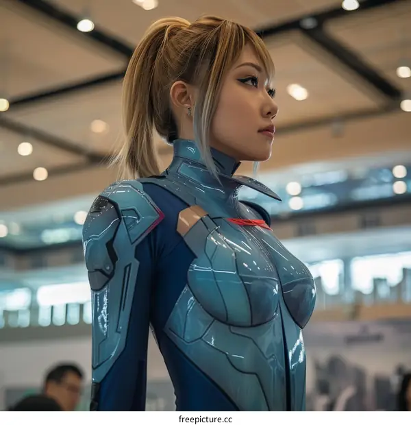 Portrait of a young woman in a blue bodysuit