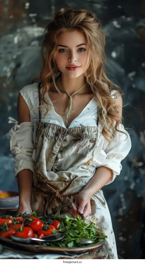 Portrait of a Blonde Woman Chef Holding Tomatoes