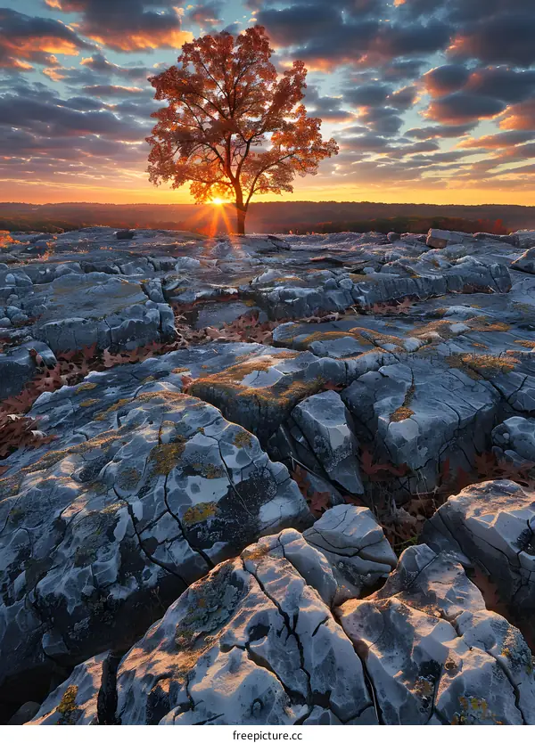 Lonely Tree in Autumn Sunset